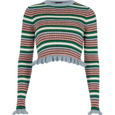 River Island Womens Metallic Stripe Frill Hem Knit Crop Top