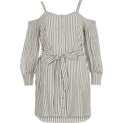 River Island Womens White Stripe Cold Shoulder Shirt Dress