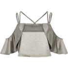 River Island Womens Silver Satin Frill Cold Shoulder Crop Top