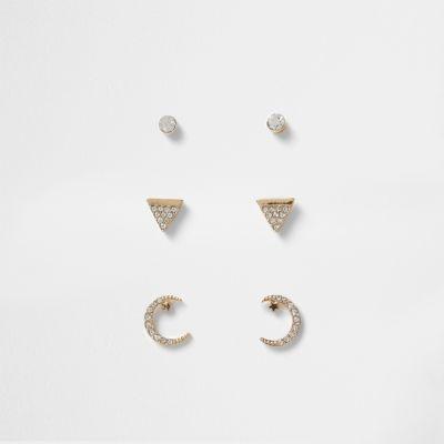 River Island Womens Gold Tone Diamante Moon Stud Earring Pack