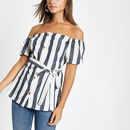 River Island Womens Stripe Tie Waist Bardot Top