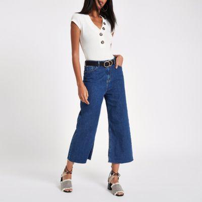 River Island Womens White Rib V Neck Button Bodysuit