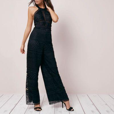 River Island Womens Lace Halter Neck Wide Leg Jumpsuit