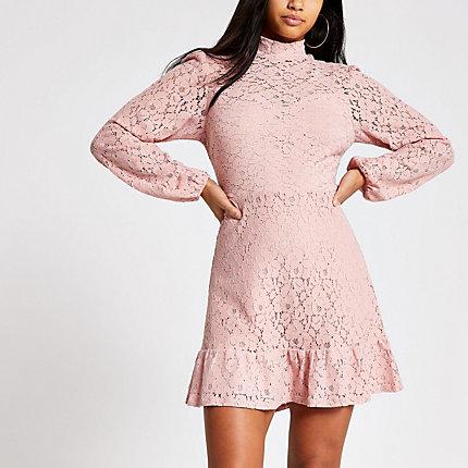 River Island Womens Petite Lace High Neck Ruffle Mini Dress