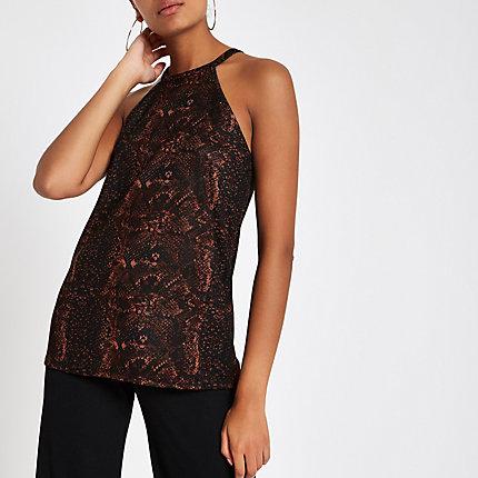River Island Womens Snake Print High Neck Cut Away Top
