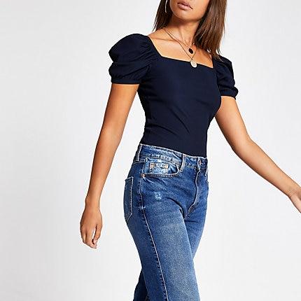 River Island Womens Short Puff Sleeve Ribbed Tee