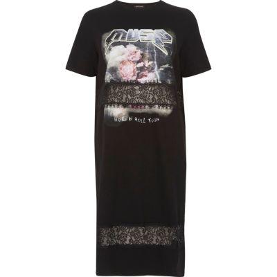 River Island Womens Band Print Lace Insert Longline T-shirt