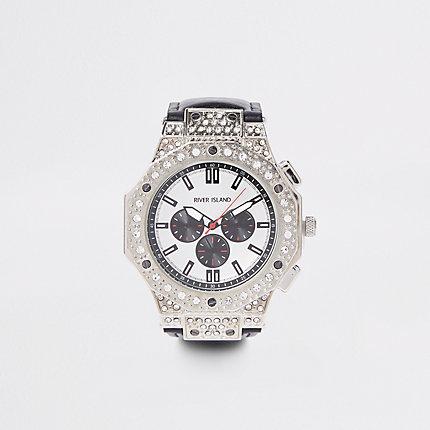 River Island Mens Silver Tone Rhinestone Watch