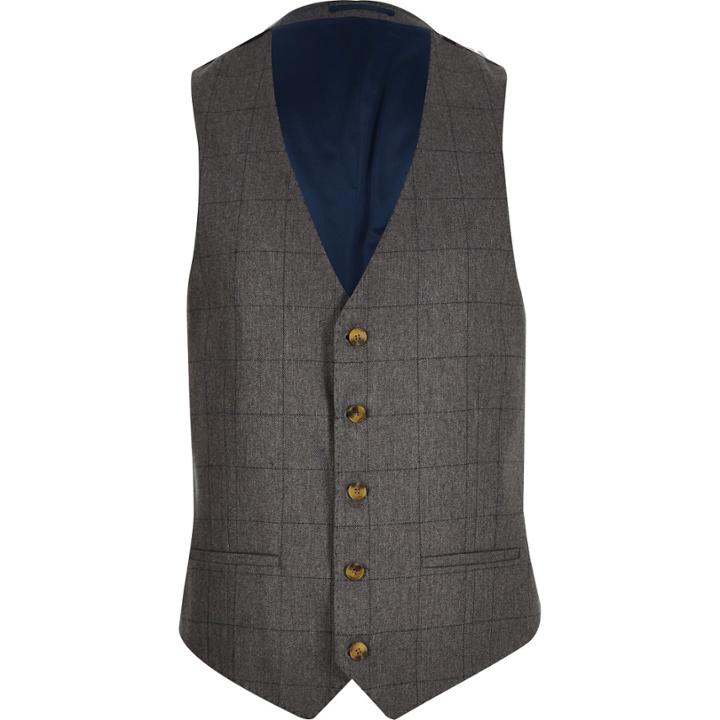 River Island Mensgrey Check Wool-blend Slim Waistcoat