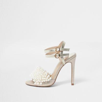 River Island Womens Gold Faux Pearl Vamp Strappy Heeled Sandals