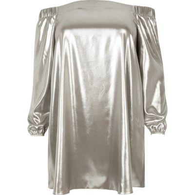 River Island Womens Plus Silver Metallic Bardot Swing Dress
