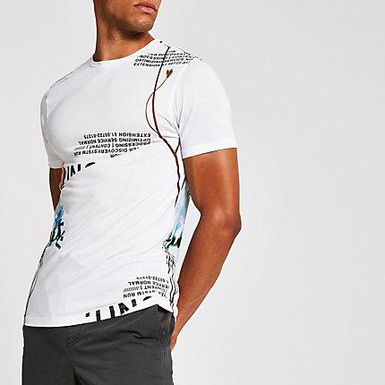 River Island Mens White Floral Printed Slim Fit T-shirt