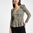 River Island Womens Leopard Print Velvet Long Sleeve Top