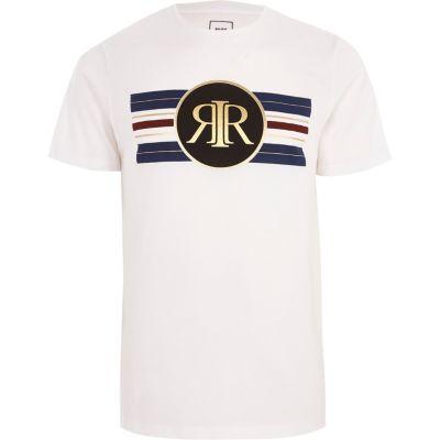 River Island Mens White Ri Gold Stripe Print Slim Fit T-shirt
