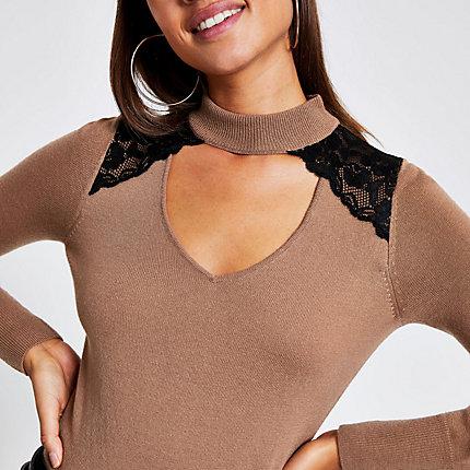 River Island Womens Lace Chocker Neck Knitted Jumper