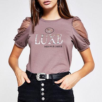 River Island Womens Printed Mesh Puff Sleeve T-shirt