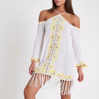 River Island Womens White Pom Pom Cold Shoulder Beach Dress