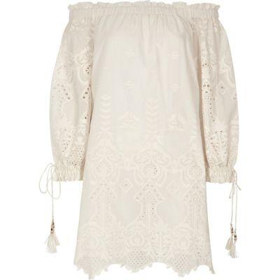 River Island Womens Embroidered Broderie Bardot Dress