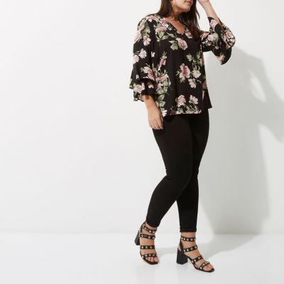 River Island Womens Plus Floral Double Frill Sleeve Top