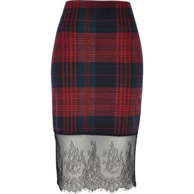 River Island Womens Check Lace Hem Pencil Skirt