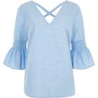 River Island Womens Chambray Shirred Bell Sleeve Top