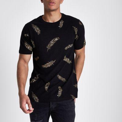 River Island Mens Slim Fit Feather Print Crew T-shirt