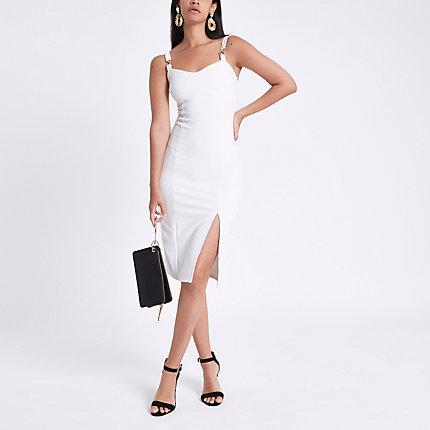 River Island Womens White Ribbed Gold Tone Chain Midi Dress