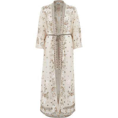 River Island Womens Nude Floral Embellished Mesh Maxi Kimono