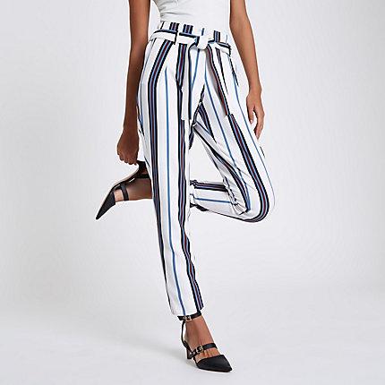 River Island Womens White Stripe Tie Waist Tapered Pants