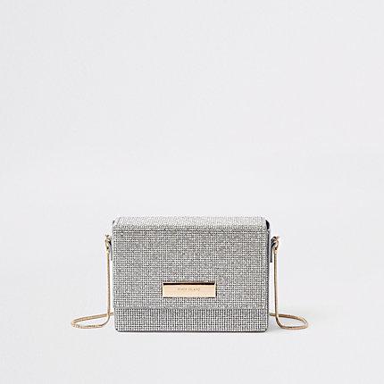 River Island Womens Silver Rhinestone Chain Mini Cross Body Bag