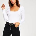 River Island Womens White Lace Neck Fitted Long Sleeve Ribbed Top