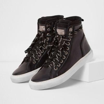 River Island Mensblack Premium Leather Hi Top Trainers