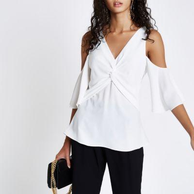 River Island Womens White Knot Front Cold Shoulder Blouse