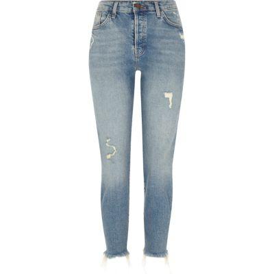 River Island Womens Distressed Frayed Hem Slim Fit Jeans
