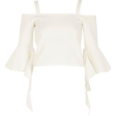 River Island Womens White Cold Shoulder Frill Sleeve Top
