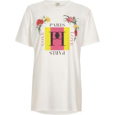 River Island Womens White 'paris' Floral Print Boyfriend T-shirt