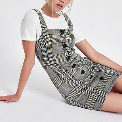River Island Womens Check Button Up Pinafore Mini Dress