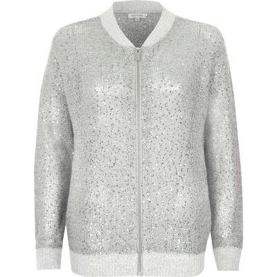 River Island Womens Silver Sequin Embellished Knit Bomber Jacket