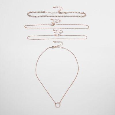River Island Womens Rose Gold Tone Rhinestone Circle Choker Set