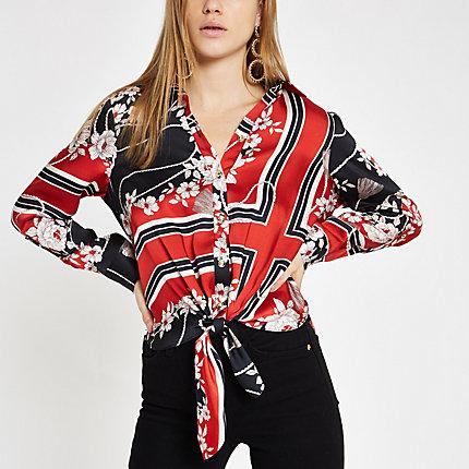 River Island Womens Floral Stripe Print Tie Front Shirt