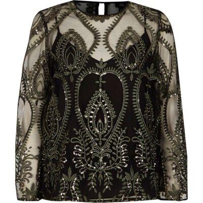 River Island Womens Embroidered Flare Sleeve Mesh Top