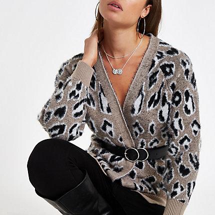 River Island Womens Leopard Print Fluffy Knit Cardigan