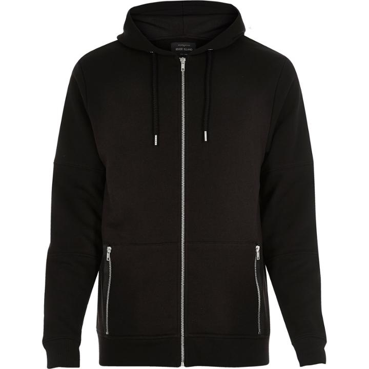 River Island Mensblack Plain Zip Up Hoodie