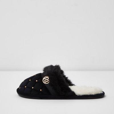 River Island Womens Quilted Fluffy Emellished Slippers