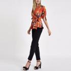 River Island Womens Floral Wrap Side Ruched Sleeve Top