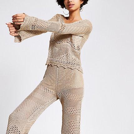 River Island Womens Gold Metallic Crochet Top