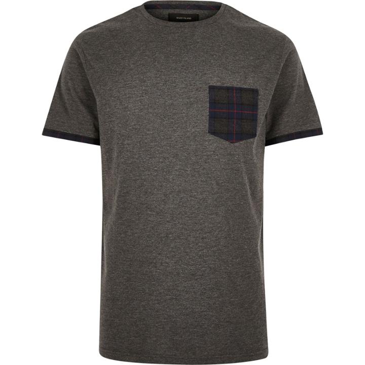 River Island Mensgrey Check Pocket T-shirt
