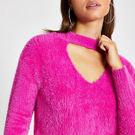 River Island Womens Cut Out Long Sleeve Fluffy Jumper