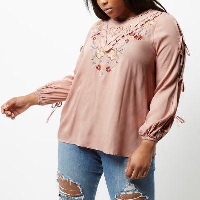 River Island Womens Plus Embroidered Tie Sleeve Smock Top