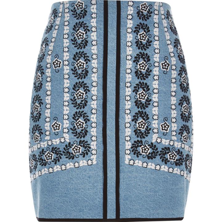 River Island Womens Embroidered Denim Mini Skirt
